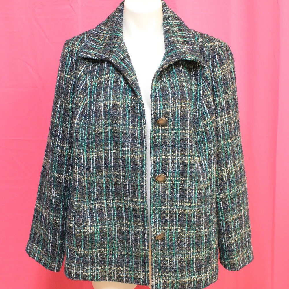 #565B Chico's Cool-Toned Plaid Dress Jacket Size 3 (16)
